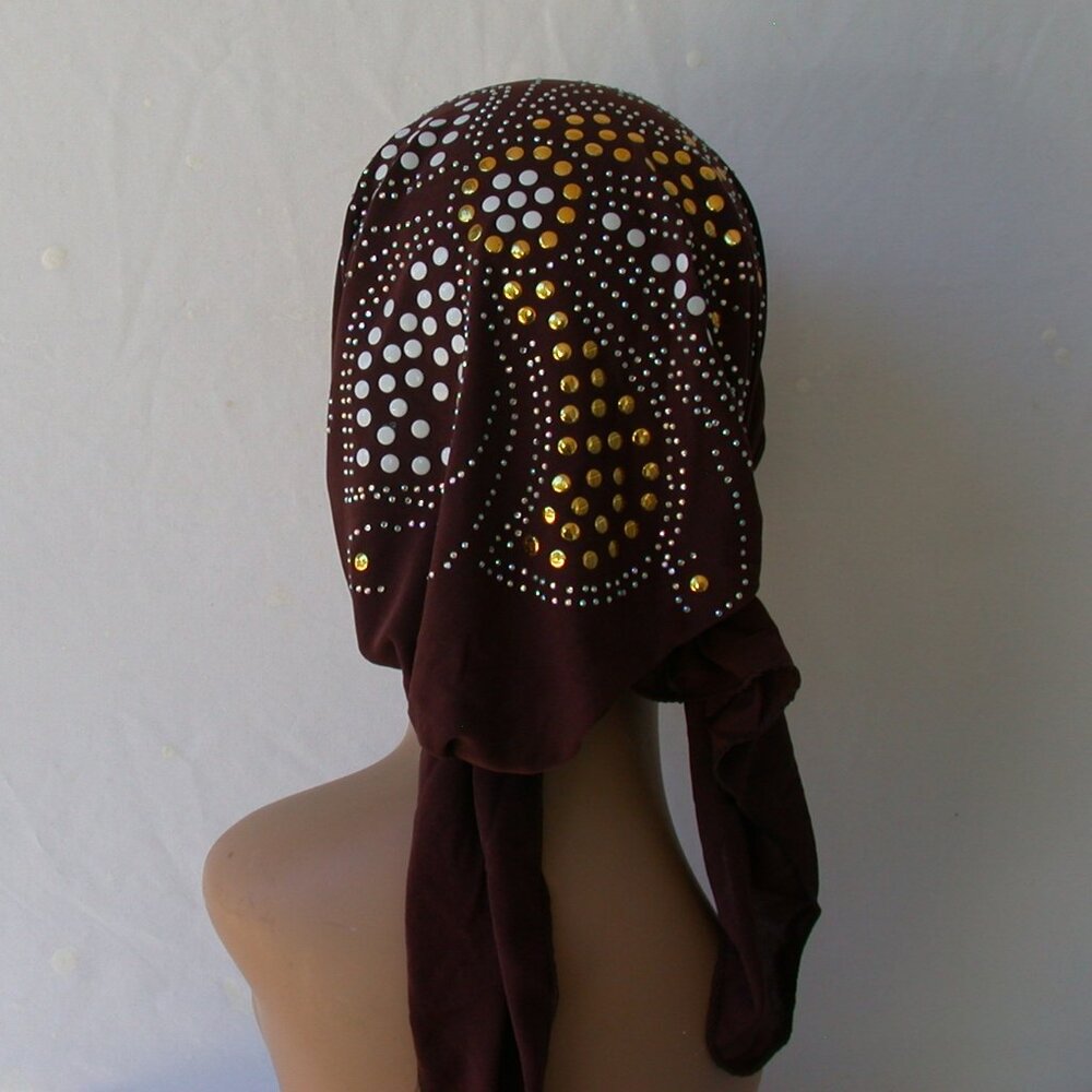BROWN Pre-Tied Stud Chemo Cap Slip On Bonnet Hijab Undercap #2